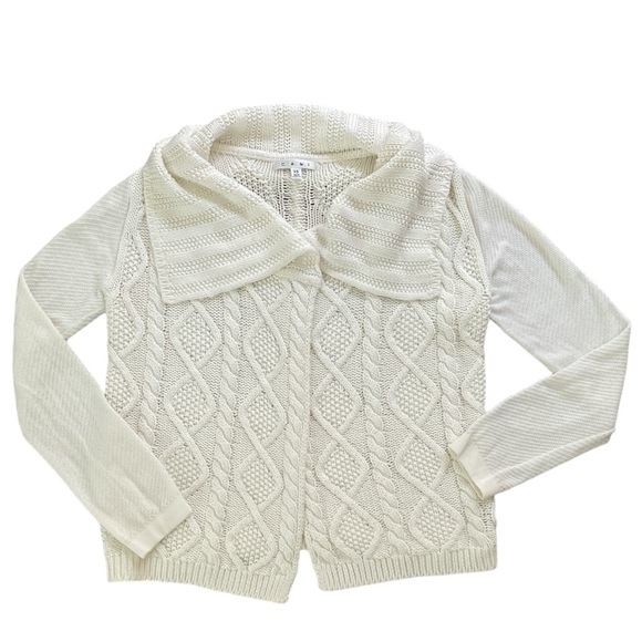 CAbi open cable knit mix media beige cardigan 100% cotton, trapped front Sz: XS - Picture 6 of 10